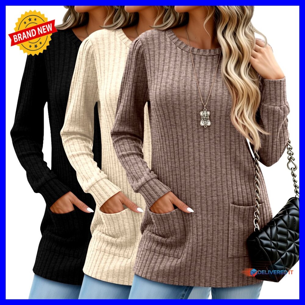 Long Sleeve Ribbed Pullover Sweater With Pockets, Puff Sleeves, Tunic Length